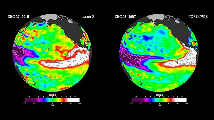 The latest satellite image of Pacific sea surface heights from Jason-2 (left) differs slightly from one 18 years ago from Topex/Poseidon (right). In Dec. 1997, sea surface height was more intense and peaked in November. This year the area of high sea levels is less intense but considerably broader.
