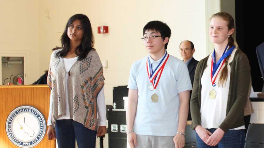 Aradhana Sinha, left, Jimmy Line center, and Ailies Dooner, right, won the top three places at the 2012 Monterey County Science and Engineering Fair.
