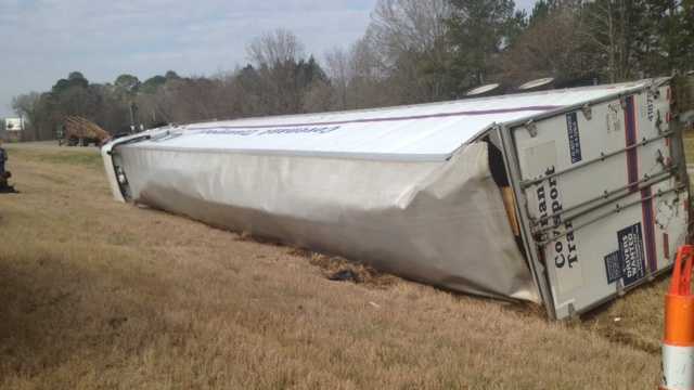 18-wheeler flips on Interstate 20