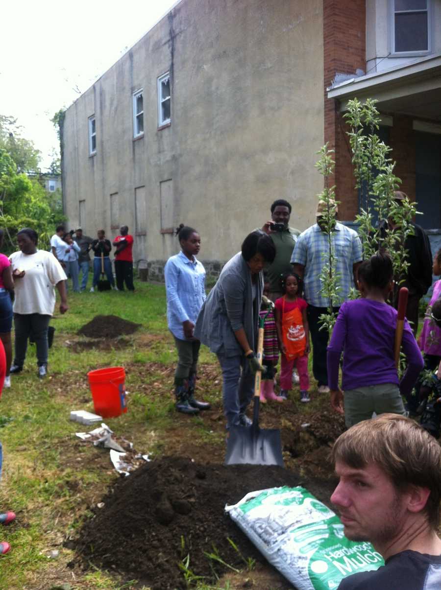 Mayor plants trees at Spring Cleanup
