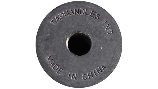 "Taphandles Inc." and "Made in China" are engraved on the gray metal base of the tap handles under recall.