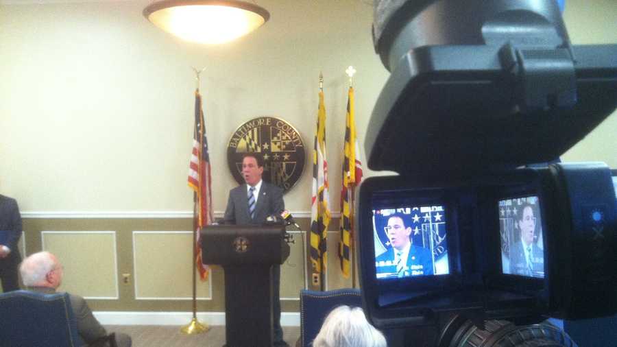 Baltimore County Executive Kevin Kamenetz talks with reporters about the sale of key assets of the Sparrows Point steel mill. 