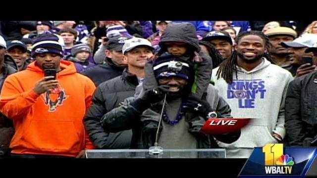 Ed Reed talks to fans at the Baltimore celebration at M&T Bank Stadium after the team's Super Bowl win.