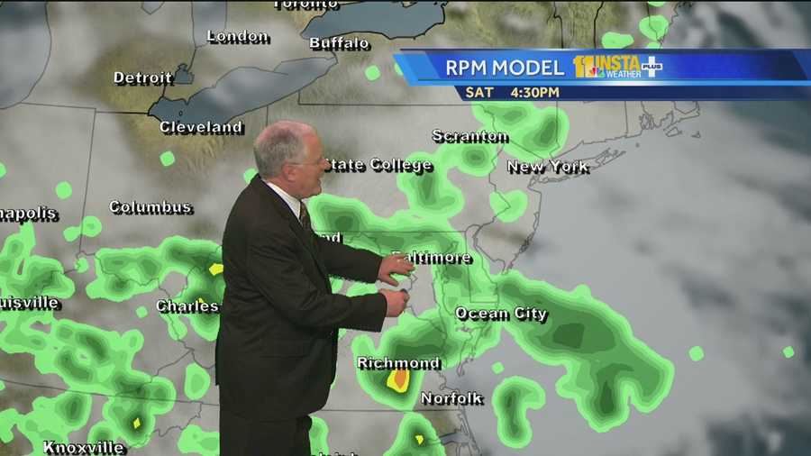 John Collins updates the Preakness weather forecast, showing where showers are possible.