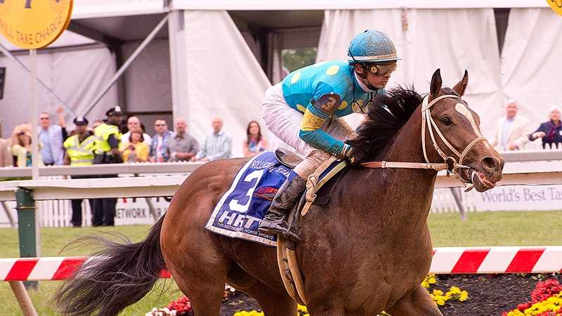 Debt Ceiling closes from off the pace to capture the $100,000 Rollicking Stakes for 2-year-olds Saturday at Pimlico Race Course.