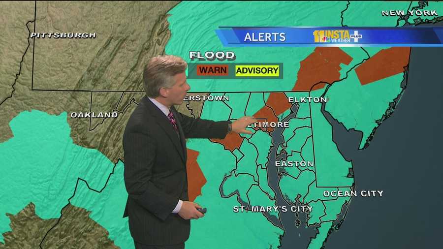 During the Monday evening weather forecast, Tom says parts of Maryland are under a flood watch.