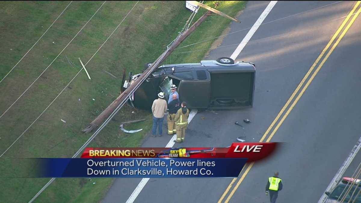 Overturned Pickup Truck Knocks Down Power Lines