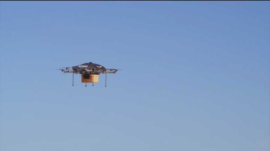 Amazon says it's working on a revolutionary delivery method using a computer-powered drone leaving a distribution center, like the one in Dundalk, to fly to a customer's home and drop off the package on the front porch within 30 minutes of ordering.