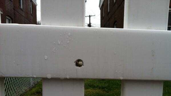 A bullet hole can be found on a fence in the 100 block of Chestnut Street.