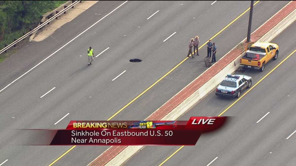 Collapsed pipe causes hole to form on Route 50