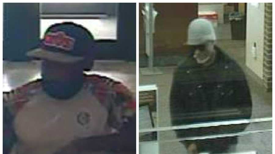 Anne Arundel County police said the person on the left is suspect of robbing a Sandy Spring Bank while the person on the right robbed a Wells Fargo bank. Both banks are located in Linthicum