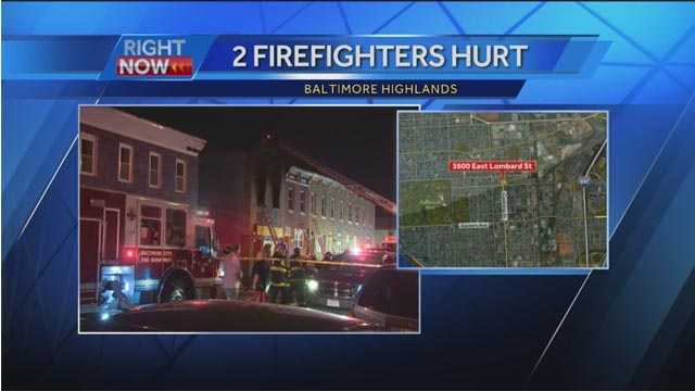 Two firefighters were injured battling a fire Sunday night in Baltimore highlands. The two-alarm fire was reported around 10:30 p.m. in the 3600 block of E. Lombard St., fire officials said.