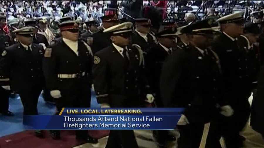 President Barack Obama has paid tribute to firefighters who died in the line of duty and cited the sacrifices they made in service to a grateful nation. Obama spoke at the annual national memorial service in Emmitsburg and said those being remembered were heroes. Those honored included two from Maryland who died in the line of duty last year.
