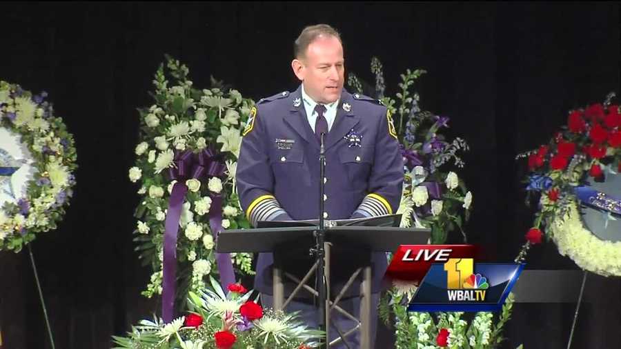 Harford County Sheriff Jeffrey Gahler gets emotional as he reflects on the life of fallen Senior Deputy Patrick Dailey.