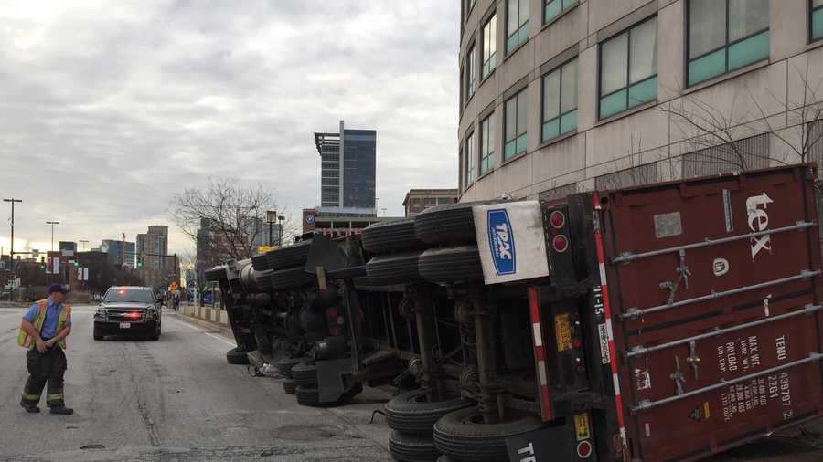 An overturned tractor trailer led to traffic delays Friday morning coming inbound from the Jones Falls Expressway.