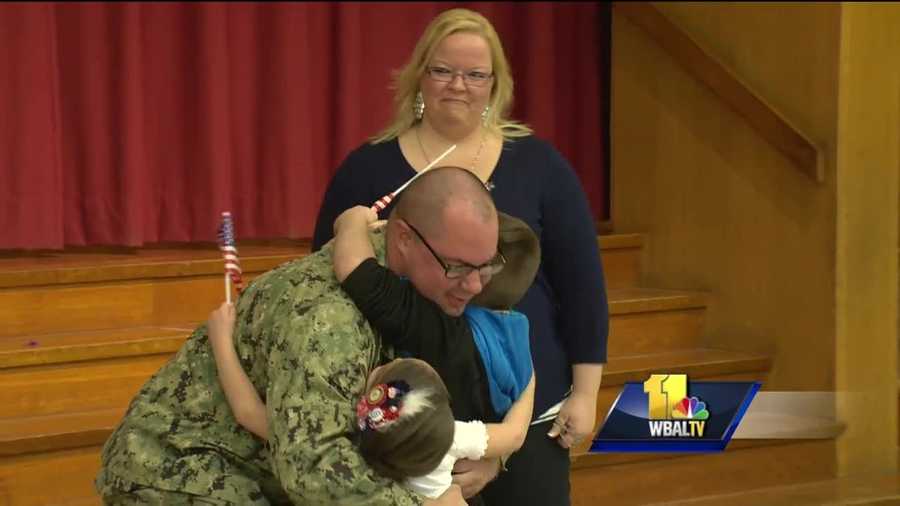 A Navy reservist deployed for the past 10 months surprised his two young children Monday in Baltimore County. Sandy Plains Elementary School in Dundalk may never be the same thanks to Shaun and Tanya Abshire.