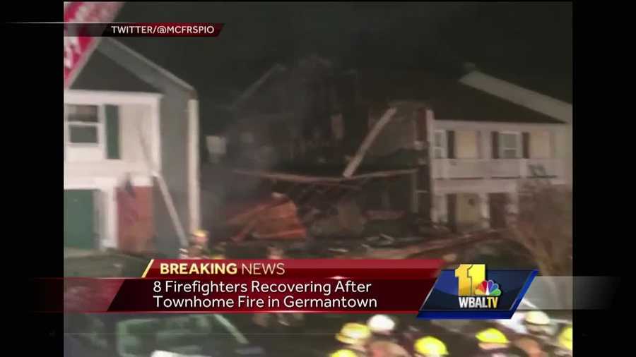 Eight firefighters were hurt during a three-alarm townhome fire Monday in Montgomery County.