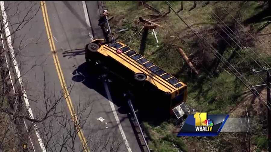 Dozens of students were injured in school bus crash in Baltimore County, officials said. Crews were called at 2:36 p.m. Wednesday to the scene of York Road in the area of Bunker Hill to a crash involving an overturned school bus carrying students from Hereford Middle and High schools. In all nine students and the bus driver were taken to the hospital.