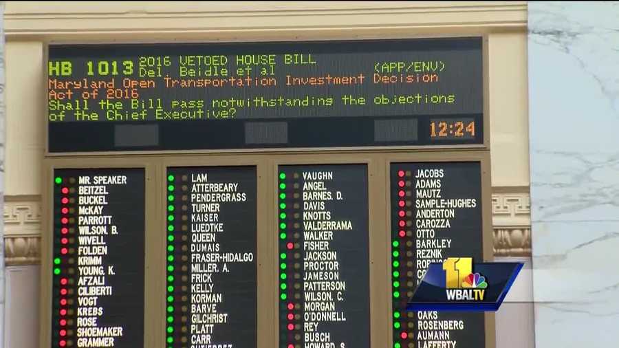 The Maryland House of Delegates votes Thursday to override Gov. Larry Hogan's veto of a bill to create a scoring system to rank transportation projects in the state's funding process.