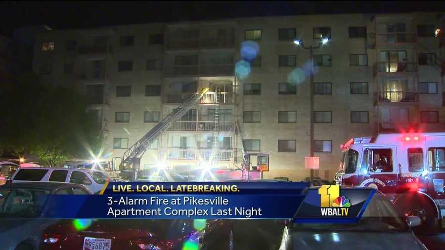 A three-alarm fire Tuesday evening in a Pikesville high rise forced Baltimore County  residents to shelter in place on the upper floors of the building.
