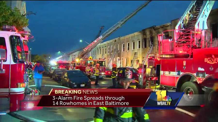 Fourteen families were displaced after a three-alarm fire Tuesday in Highlandtown. City fire crews responded at 3:45 a.m. to the 100 block of South Eaton Street in east Baltimore. The fire was under control by 5:30 a.m. There were no injuries reported and the cause of the fire remains under investigation.