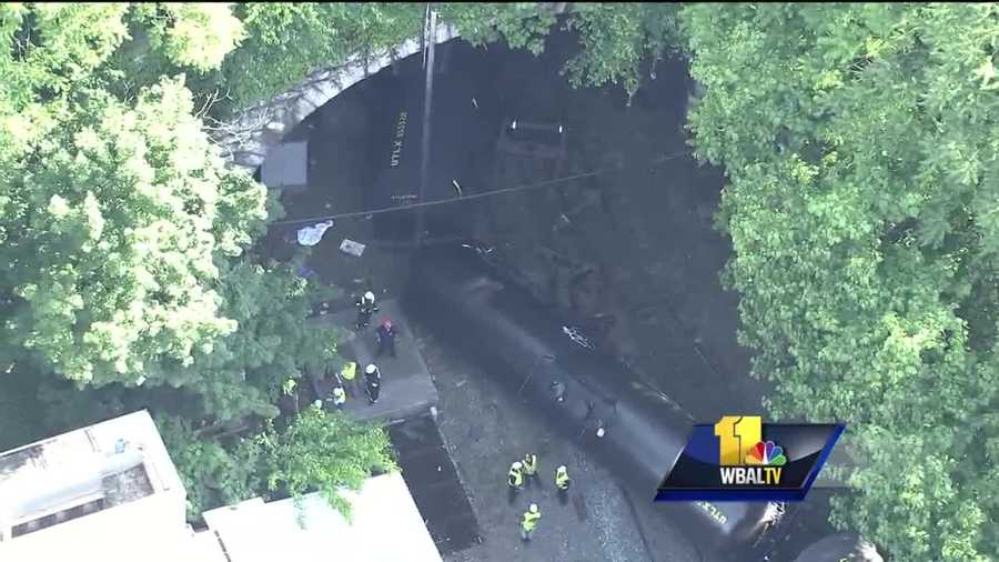 A portion of a train carrying some hazardous materials derailed early Monday in Baltimore. A CSX spokesman said the derailment occurred at about 5:45 a.m. inside the Howard Street tunnel in Baltimore. The train was carrying hazardous material, but there are no apparent leaks, CSX said.