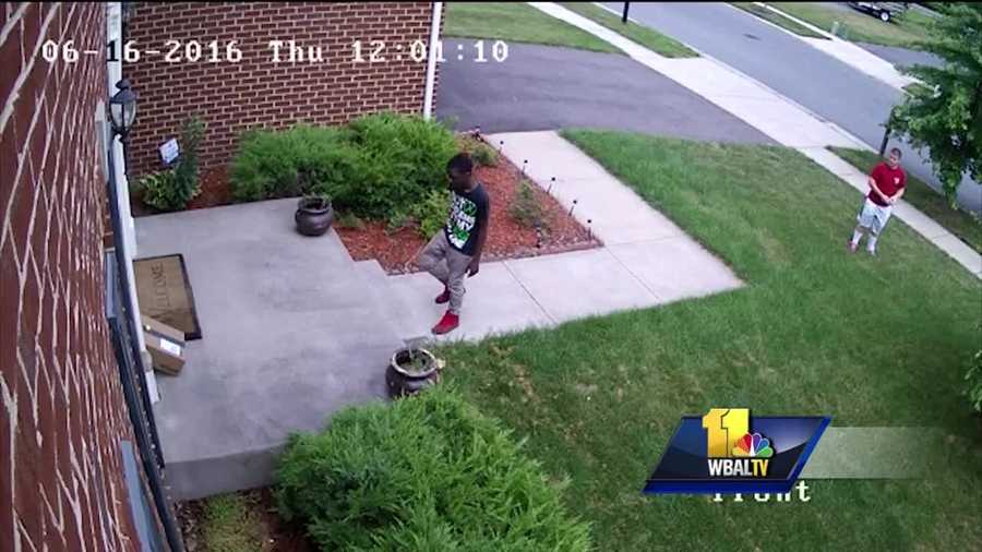 Two young children are seen on video stealing a package from a home in Anne Arundel County. Police are trying to find the culprits. A security camera caught two boys stealing a package on June 16 from Adegbite's porch on Shillelagh Drive in Severn. A neighbor returned the open box, which contained items Adegbite bought for her 4-year-old's birthday party.