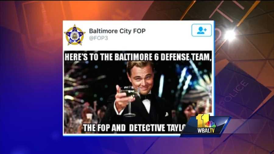 Baltimore's police commissioner and City Council president are criticizing the police union over tweets sent out by the Fraternal Order of Police Lodge No. 3 a day after the acquittal of police Officer Caesar Goodson in the death of Freddie Gray. The FOP tweets drew swift and negative reaction. The tweet shows a photo of actor Leonardo DiCaprio raising a Champagne glass. Text over the photo reads, "Here's to the Baltimore 6 defense team, the FOP and Detective Taylor."