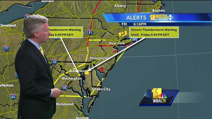 Chief Meteorologist Tom Tasselmyer shows where severe storms are moving through Maryland Friday night.