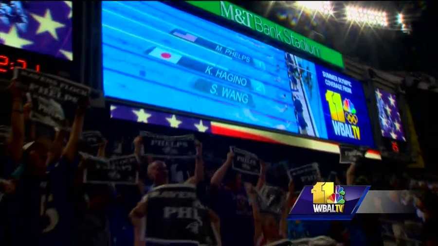 Baltimore swimmer Michael Phelps win in the Olympics finals of the 200m individual medley was broadcast in M&T Bank Stadium during the Ravens preseason game.