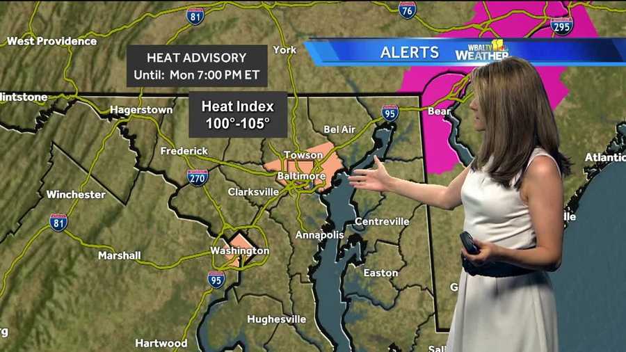 A heat advisory will remain in effect for parts of the Baltimore area with isolated showers possible and a high of 93 on Monday. High temperatures are expected to remain in the 90s through at least Wednesday.