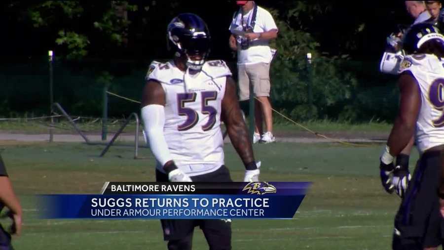 Ravens OLB Terrell Suggs practices for the first time in 2016 after suffering a season-ending injury in the first game of the 2015 season.