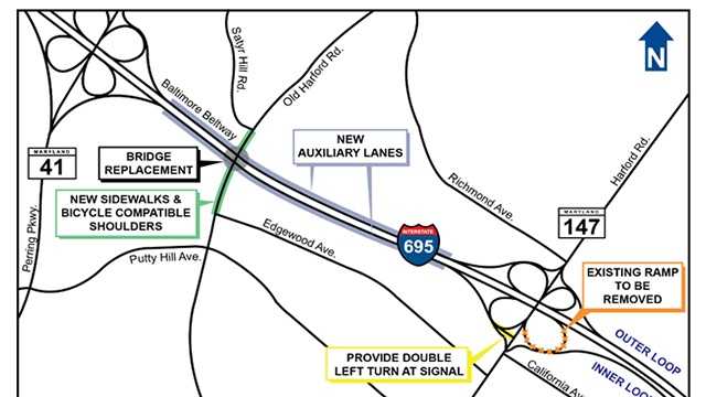 The cloverleaf loop ramp from I-695 east to northbound Harford Road will be closed Thursday night as traffic will be moved onto a widened ramp that will provide access to both directions of Harford Road, the Maryland State Highway Administration said.