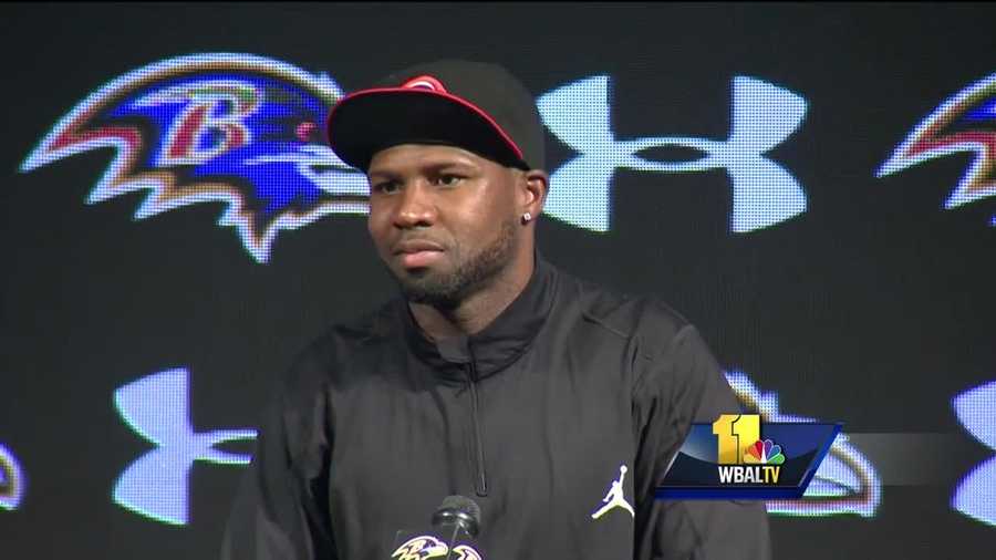 WR/RS Devin Hester speaks with reporters after signing a one-year deal with the Ravens.