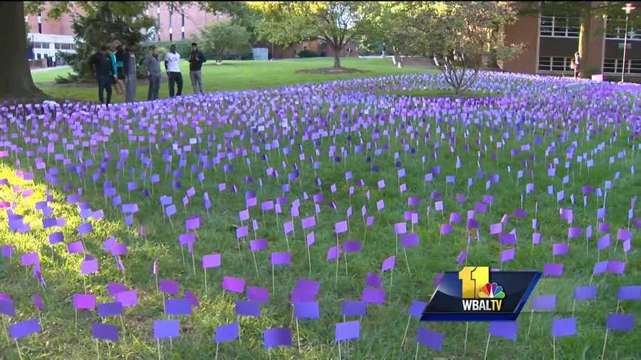 One in five college women is currently in an abusive relationship. One local school is trying to address the issue, which is rarely talked about on college campuses. College is the place where the problem often starts. More than 6,000 purple flags were placed on a lawn right in the middle of Towson University.