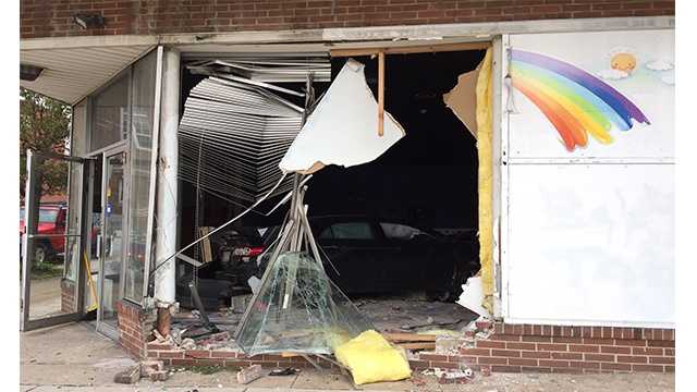 A person was injured after crashing a car into a vacant daycare center on Thursday on the 1700 block of West Pratt Street in west Baltimore, city police said.