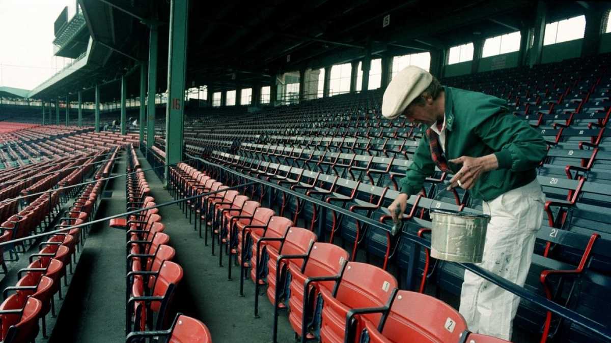 Old wooden seats at Fenway Park, Boston.