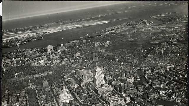 This is an aerial panoramic view of the city  taken in 1950.