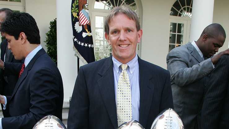 Don Brocher at the White House with the team’s three Lombardi trophies in the spring of 2005, following Super Bowl XXXIX.