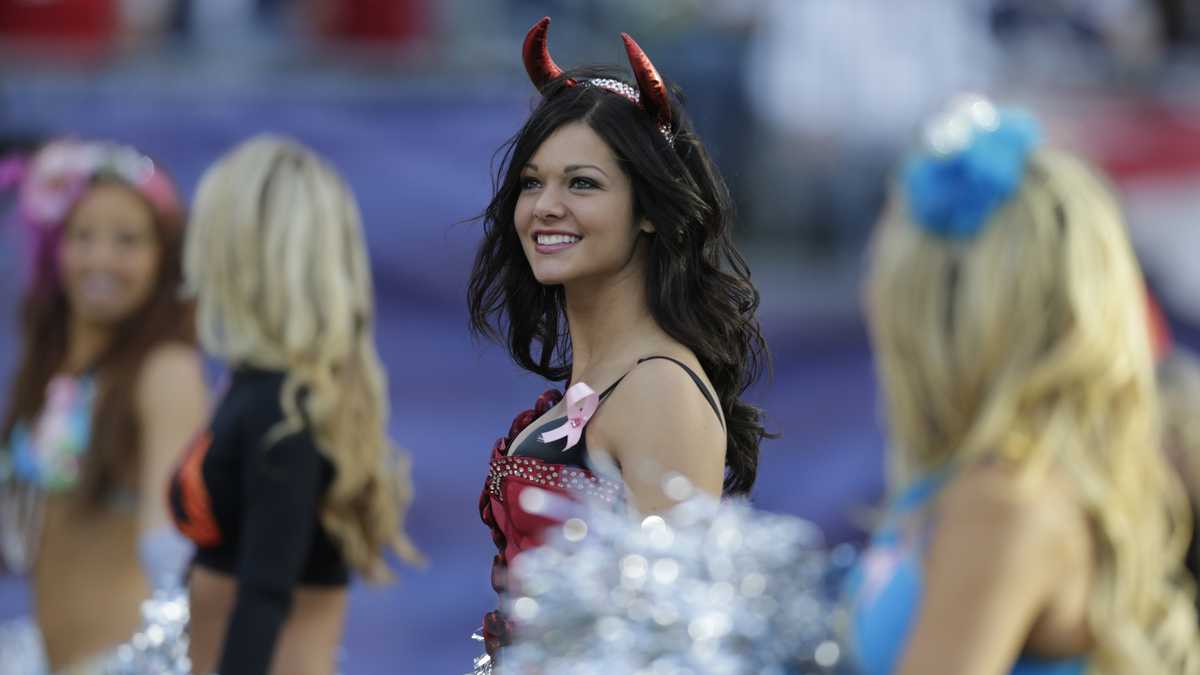 New England Patriot cheerleaders in Halloween costume at Gillette