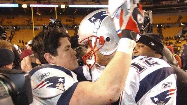 Win #08 - Tedy Bruschi hugs Tom Brady following a 41-27 victory at Heinz Field in Pittsburgh, Pennsylvania on January 23, 2005. The Patriots would advance to Super Bowl XXXIX in Jacksonville, Florida to face the Philadelphia Eagles.
