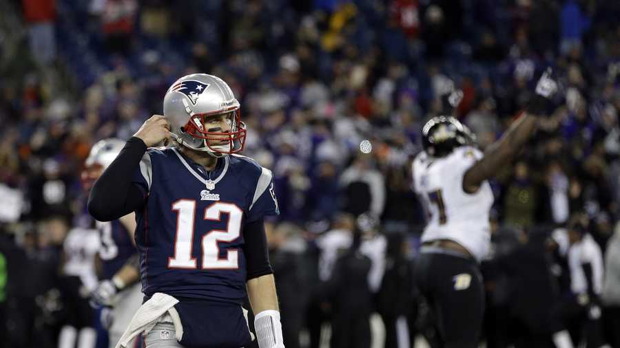 New England Patriots quarterback Tom Brady walks off the field after throwing an interception during the fourth quarter of the NFL football AFC Championship football game against the Baltimore Ravens in Foxborough, Mass., Sunday, Jan. 20, 2013. The Ravens defeated the Patriots, 28-13, to advance to Super Bowl XLVII.