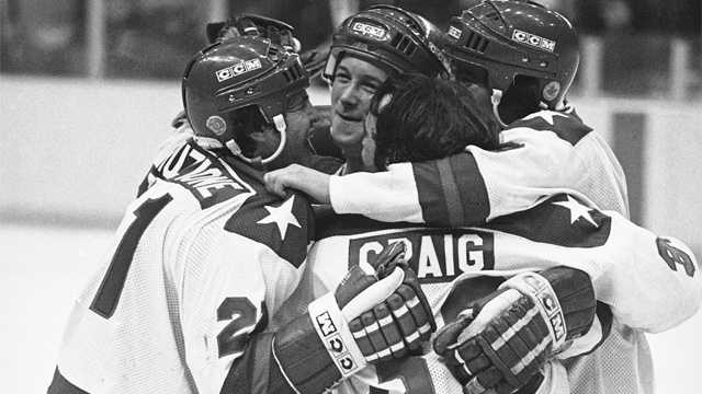 "Miracle on Ice"Michael Eruzione, left, scorer of the decisive fourth goal for the USA in the game against USSR on Feb. 22, 1980 in Lake Placid, is embraced by team mates John O'Callahan, David Silk, and goalie James Craig after he brought his team into the lead. Many on the team attended Boston University.