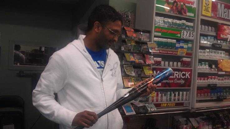 Riverside Farms employee Dharmesh Patel chased an attempted robbery suspect from his store with a baseball bat Wednesday.
