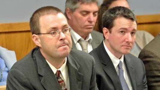 Robert Gilmore, 39, left, with his attorney Evan Ouellette, in Falmouth District Court on March 4, 2013.