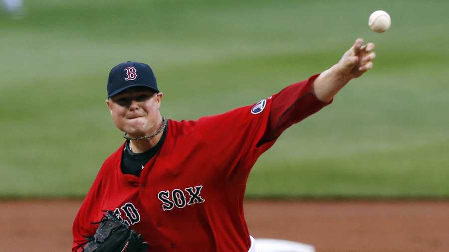 Jon Lester pitches in the first inning of a baseball game against the Toronto Blue Jays in Boston, Friday, May 10, 2013.