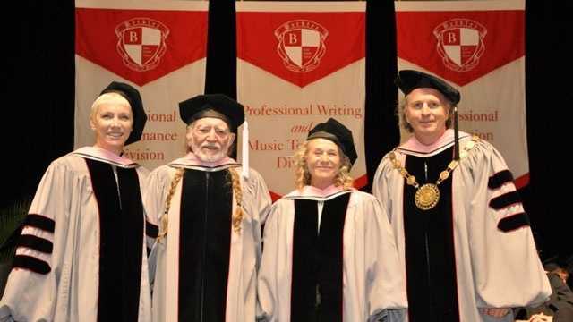Annie Lennox, Willie Nelson, Carole King and Berklee president Roger H. Brown at 2013 commencement.
