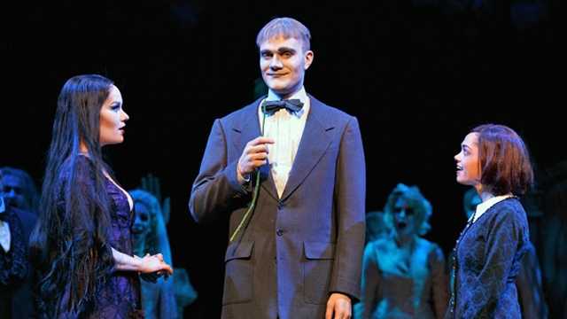 eLeen Snowgren as Morticia, Dan Olson as Lurch and Jennifer Fogarty as Wednesday in the national tour of The Addams Family.