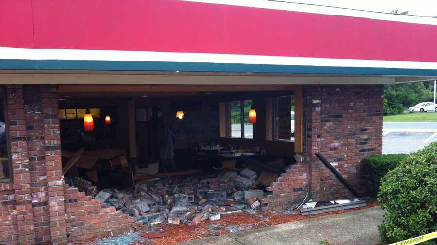 Pickup truck crashes through Papa Gino's
