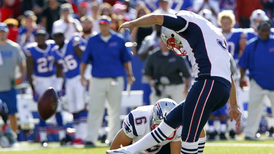 New England Patriots' Stephen Gostkowski (3) kicks the game-winning field goal during the second half of an NFL football game against the Buffalo Bills, Sunday, Sept. 8, 2013, in Orchard Park. The Patriots won the game 23-21.